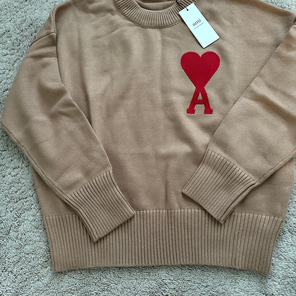 Ami Beige Sweater with Red Heart Accent NWT